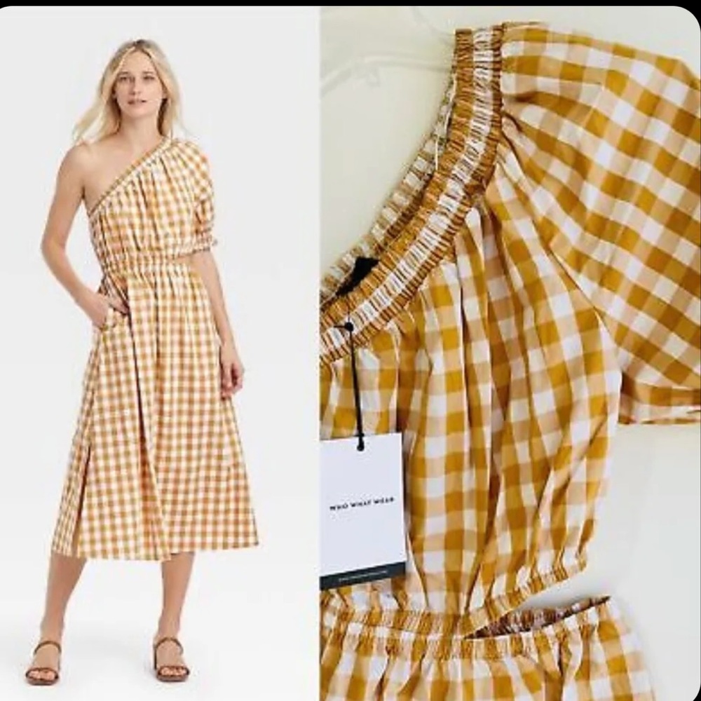 One Shoulder Side Cut Out Gingham Midi Dress | Orange + White  | Who What Wear
